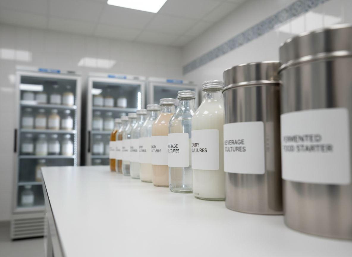 An assortment of premium glass bottles and stainless-steel canisters labeled with minimal, modern typography for dairy, beverage, and fermented food starter cultures, arranged in an orderly line on a smooth white laboratory counter. Behind them, softly out of focus, stand upright refrigeration units and a clean tiled wall with subtle blue-gray tones, evoking a controlled production environment. Neutral, diffused overhead lighting creates gentle, uniform illumination with soft reflections on the metallic surfaces and glass labels. Shot at a slightly low angle using the rule of thirds, the image conveys scale and reliability. The photographic realism, crisp focus on the foreground containers, and calm, controlled atmosphere communicate professional-grade, industry-ready microbial solutions.