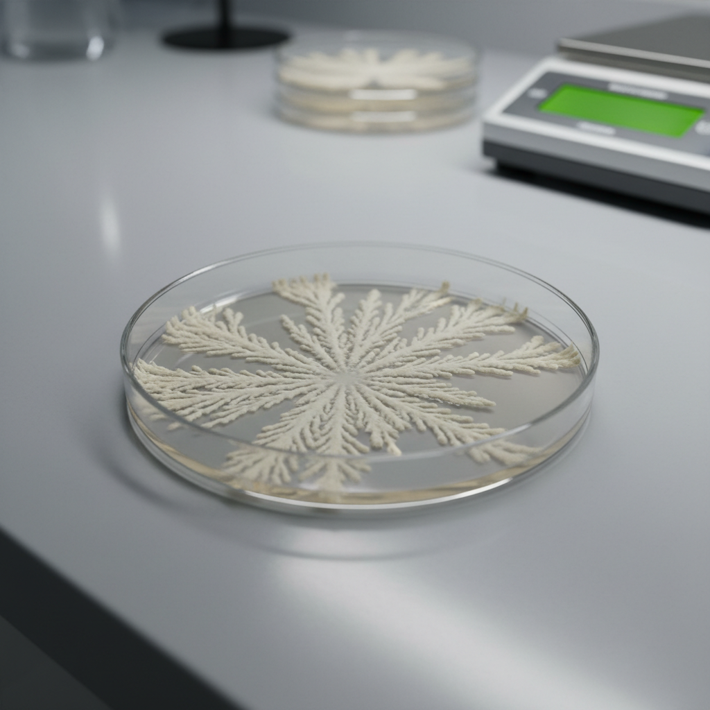 A close-up, photographic view of a vivid starter culture colony spreading in delicate branching patterns across a clear agar plate, the creamy white microbial growth contrasting against the transparent gel. The petri dish lies on a smooth, light gray laboratory surface with faint reflections. In the softly blurred background, there are hints of additional stacked plates and a digital lab scale, suggesting systematic research. Cool, even studio lighting from above reveals fine textures in the colony edges and subtle moisture on the agar, with minimal shadows to emphasize detail. Captured from a slightly elevated angle with a tight, centered composition, the mood is precise, innovative, and clinically clean, highlighting the beauty and complexity of microbial biodiversity.