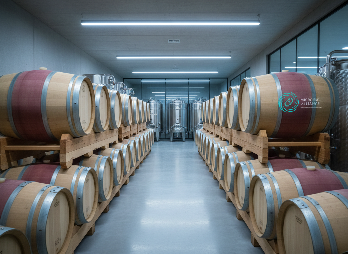 Photo-realistic image of a modern winery cellar: neat rows of oak wine barrels and a few stainless-steel fermentation tanks in a clean production space. Cool, even lighting, no people, neutral background, scientific yet warm atmosphere to represent winery collaborations for microbial starter cultures. Same visual style and color mood as the other industrial images on the site.