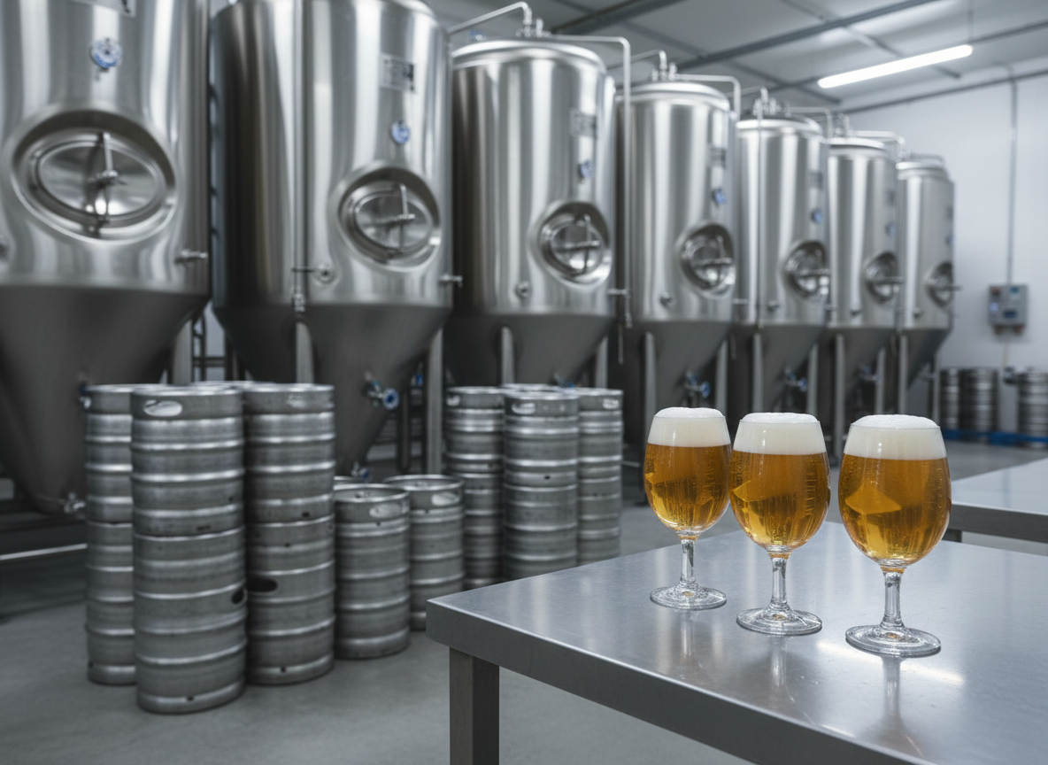 Photo-realistic image of a modern brewery focused on beer: rows of shiny stainless-steel fermentation tanks and bright metal beer kegs, plus a few clear glasses of golden beer with foam on a clean stainless-steel table in the foreground. Clean industrial interior, no people, neutral background, cool even lighting, scientific and professional look that matches the other industrial images used on the BioFood Cultures site.