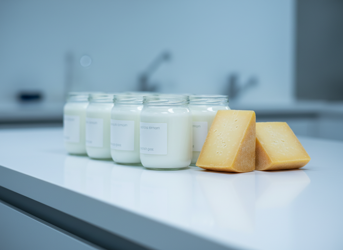 Close-up of premium dairy products: creamy white yogurt in glass containers and golden cheese blocks arranged on a bright white laboratory counter with soft blue-gray tones. Clean, minimalist composition with even cool lighting. Professional, scientific atmosphere, emphasizing purity and freshness, no tanks or industrial equipment. Modern dairy production aesthetic.
